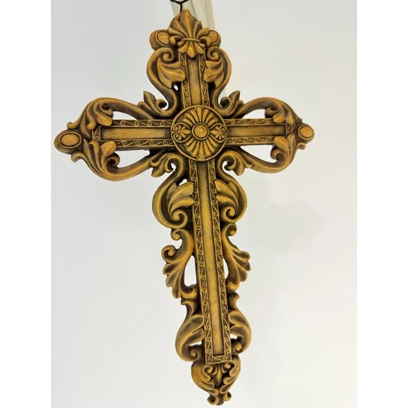 Ornate Gold Decorative Floral Fleur-de- lis Hanging Hook Baroque Wall Cross - Picture 2 of 13